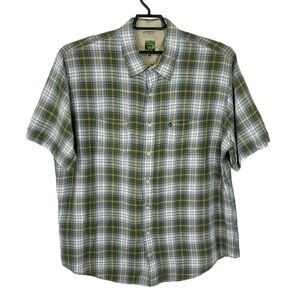 Timberland Linen Blend Button Shirt Men's XL Blue Green Plaid Short Sleeve